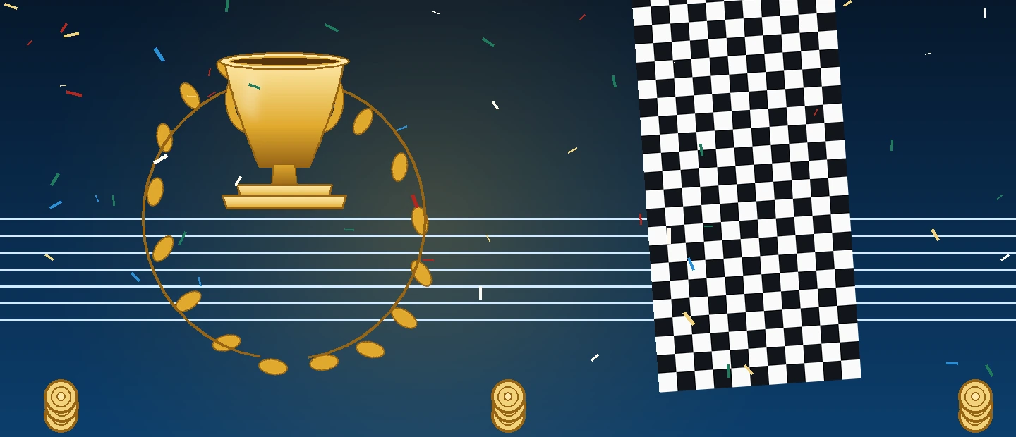 Lintasan lari juara666 menuju pita garis finis dengan piala emas dan karangan laurel.