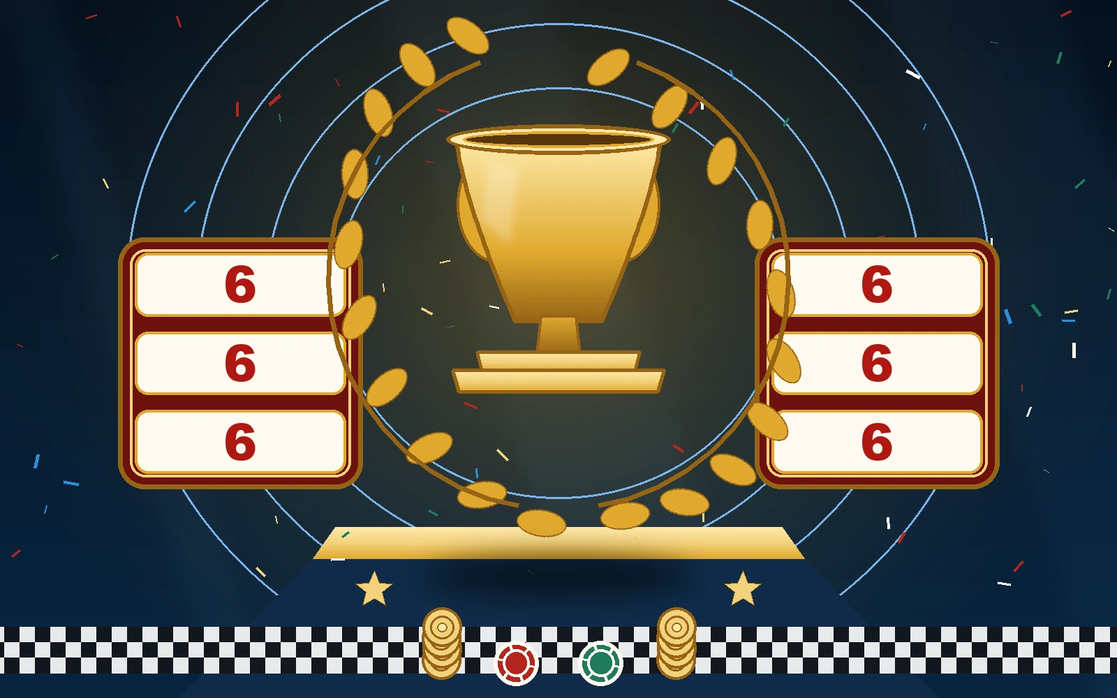 Piala emas juara666 di tengah karangan laurel, diapit dua gulungan angka 666, dengan pita garis finis dan koin emas