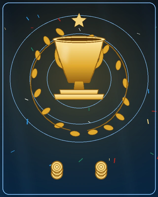 Piala emas juara666 dengan karangan laurel emas di atas latar navy berbintang.
