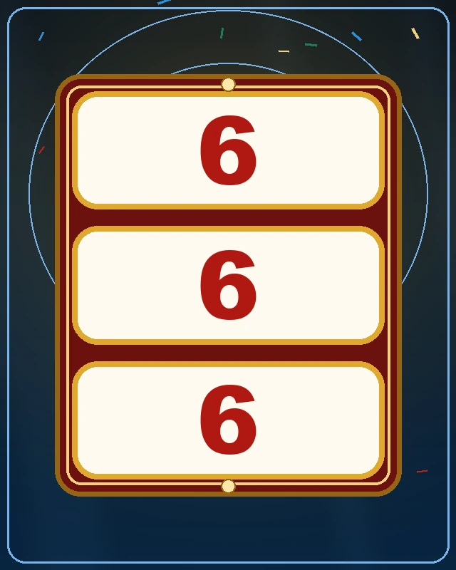 Tiga jendela gulungan juara666 menampilkan angka 6, 6, dan 6 bertinta merah di bingkai emas.