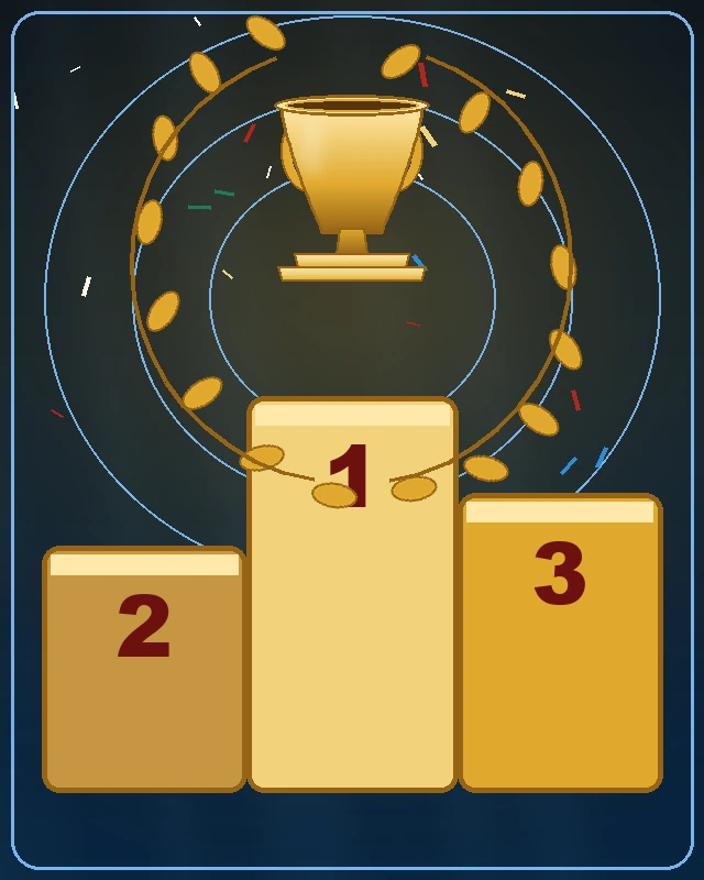 Podium juara666 bertingkat tiga dengan nomor 1, 2, dan 3 serta piala kecil di puncak.